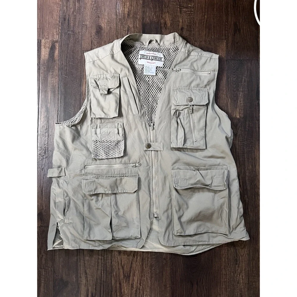 VTG Field & Stream Fly Fishing Vest Mens XL Khaki Multipocket Outdoors Zip Vent